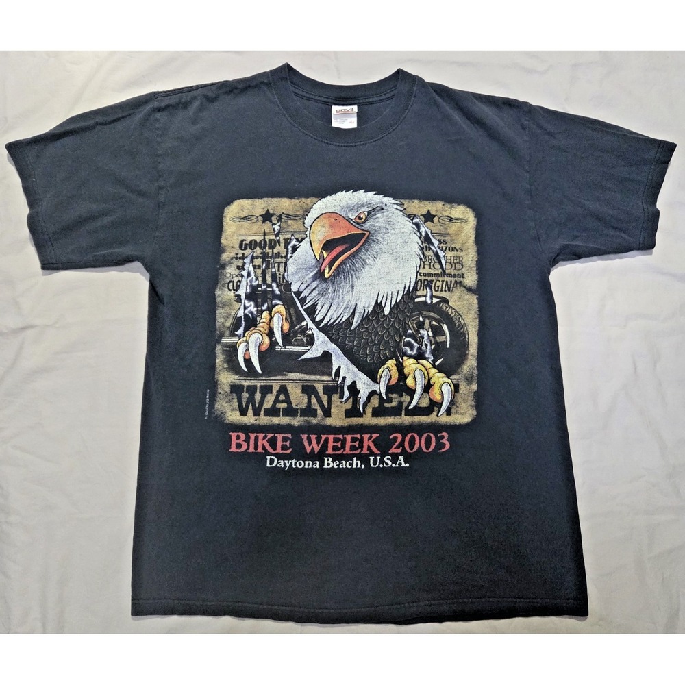 VTG Bike Week Shirt Mens L BLK Anvil 2003 Daytona Beach Eagle Y2K Graphic Tee